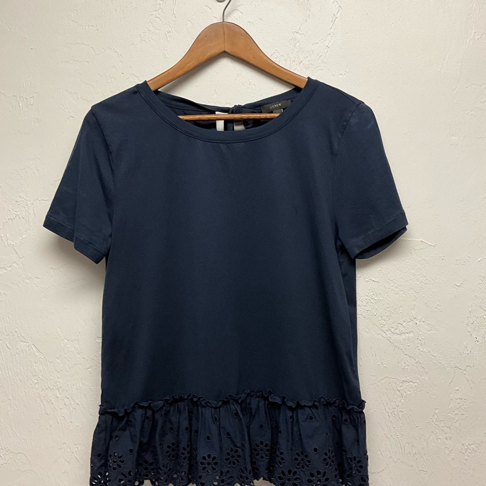 J. Crew Blue Eyelet Peplum Ruffled Hem TShirt